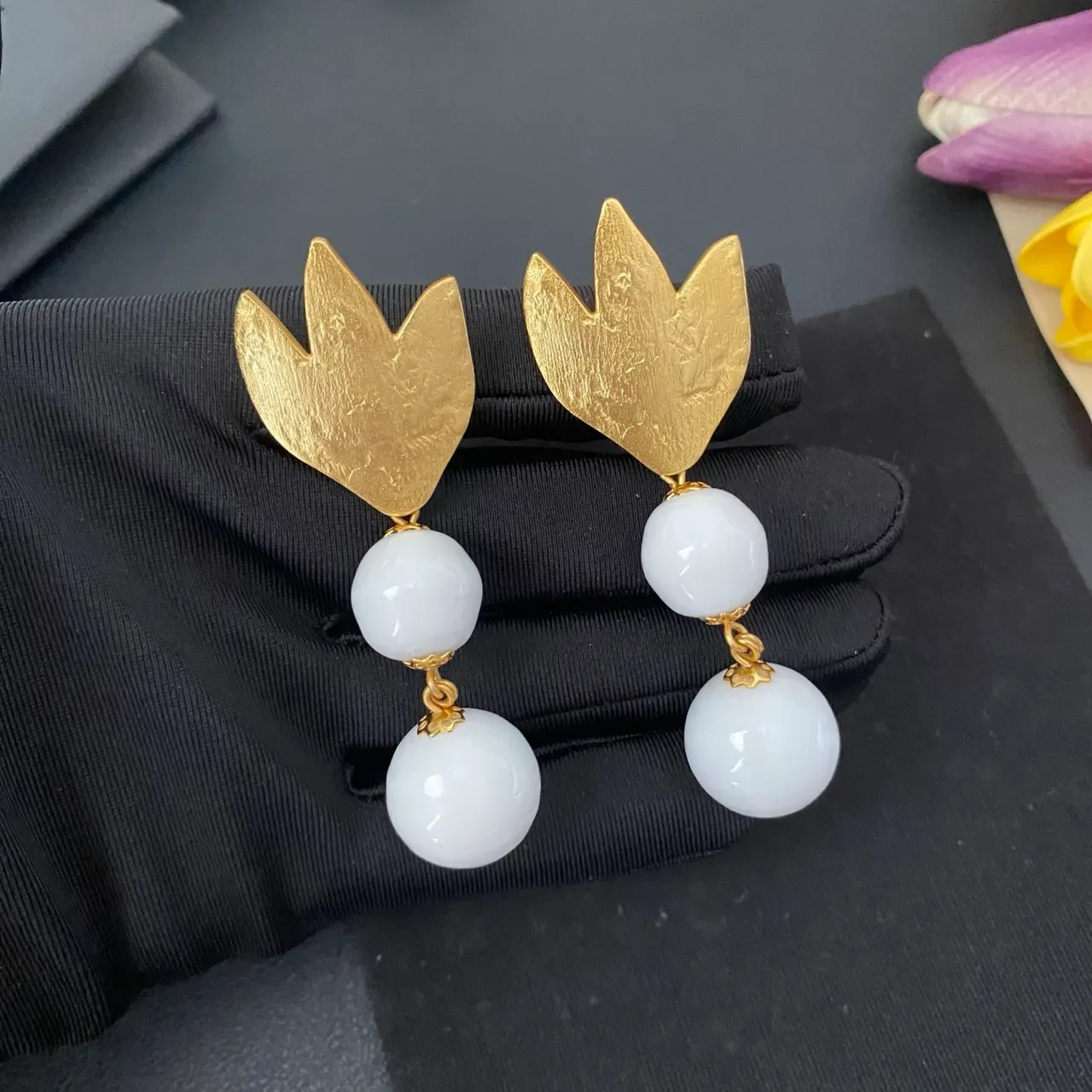 Gold-Tone Tulip Top Double White Bead Dangling Earrings 8