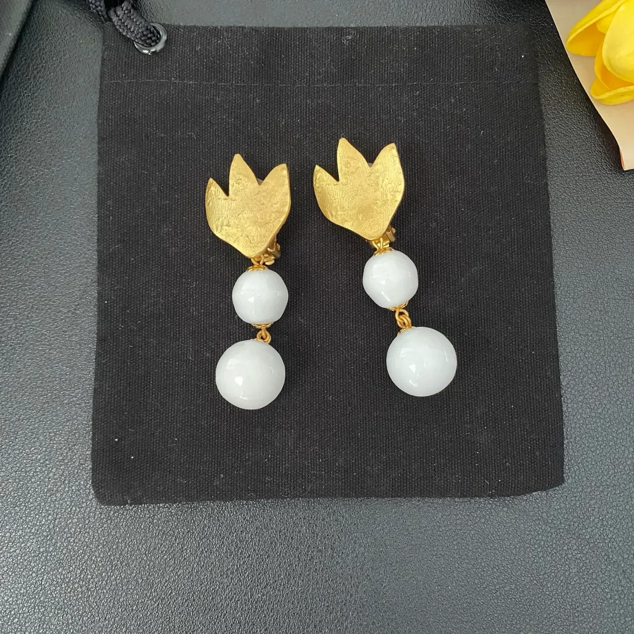 Gold-Tone Tulip Top Double White Bead Dangling Earrings 9