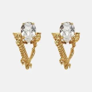 Gold Transparent Ornate Leaf-Motif Pear-Shaped Crystal Earrings