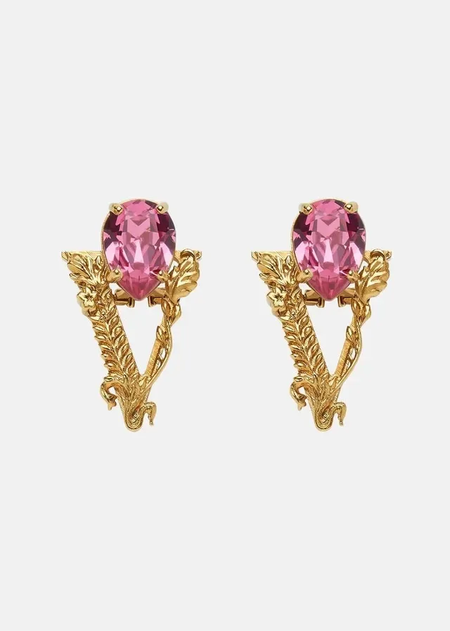 Gold Transparent Ornate Leaf-Motif Pear-Shaped Crystal Earrings 4