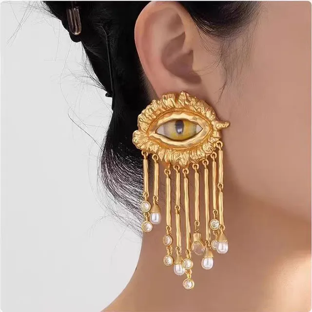 Gold White Eye Motif Metal Earrings 3