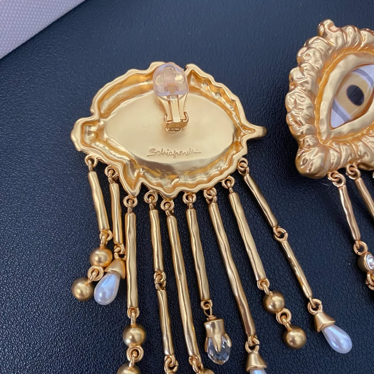 Gold White Eye Motif Metal Earrings 4