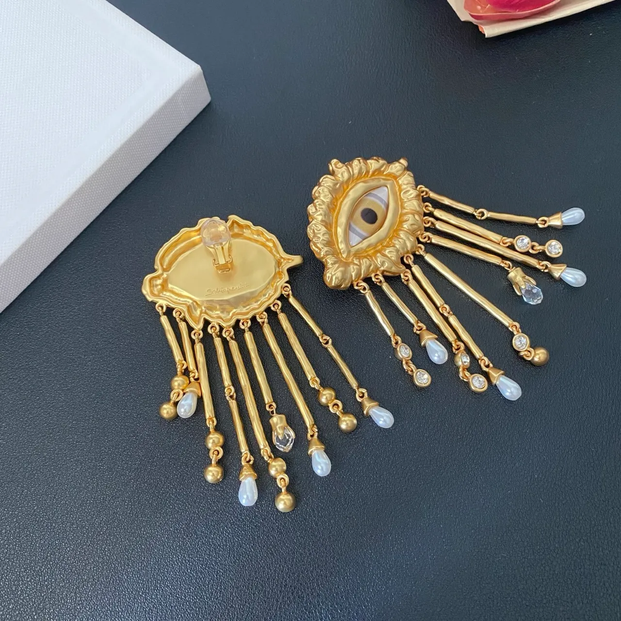 Gold White Eye Motif Metal Earrings 5