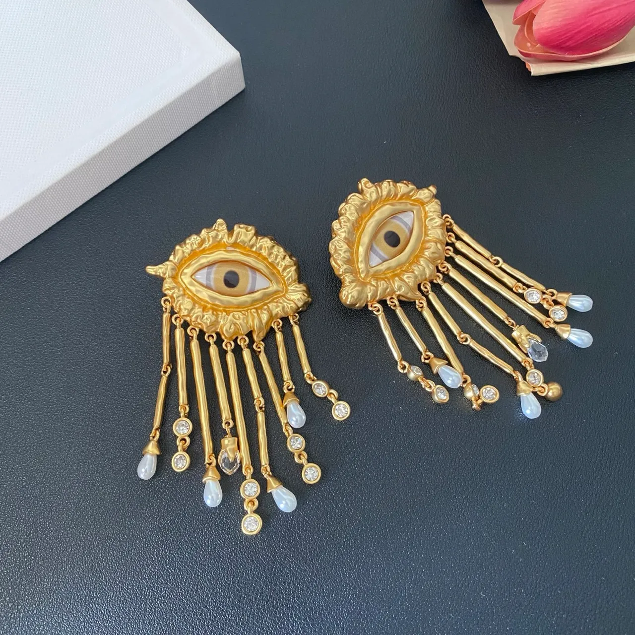 Gold White Eye Motif Metal Earrings 6