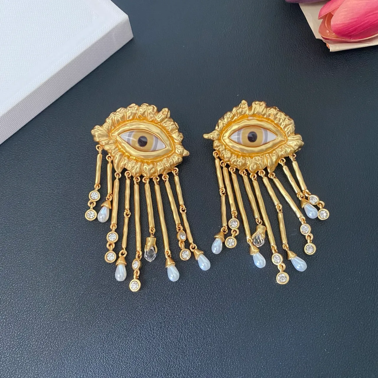Gold White Eye Motif Metal Earrings 8
