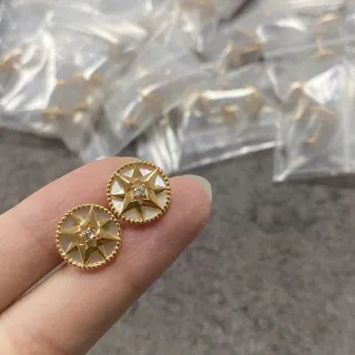 Gold White Starburst Design Beaded Border Earrings