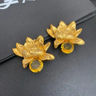 Gold Yellow Lotus Flower Motif Metal Earrings