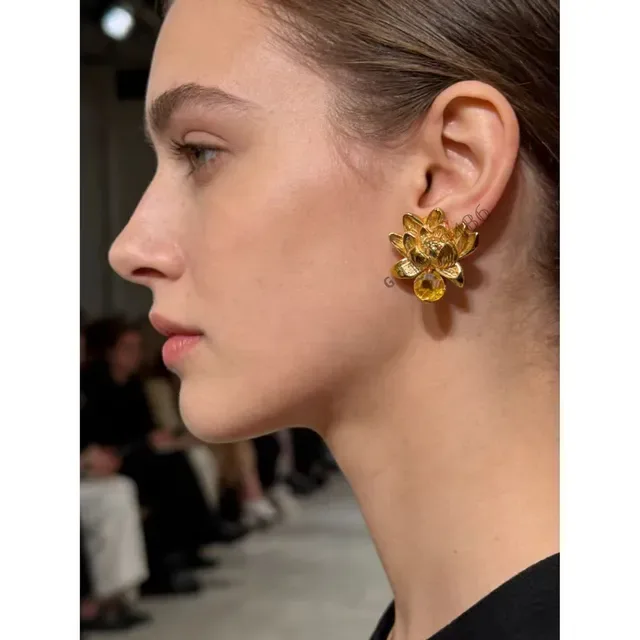 Gold Yellow Lotus Flower Motif Metal Earrings 2