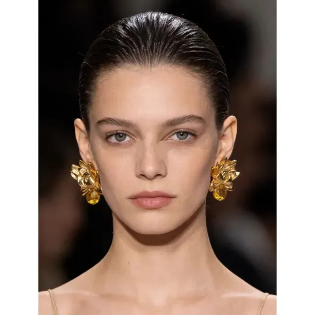 Gold Yellow Lotus Flower Motif Metal Earrings 3