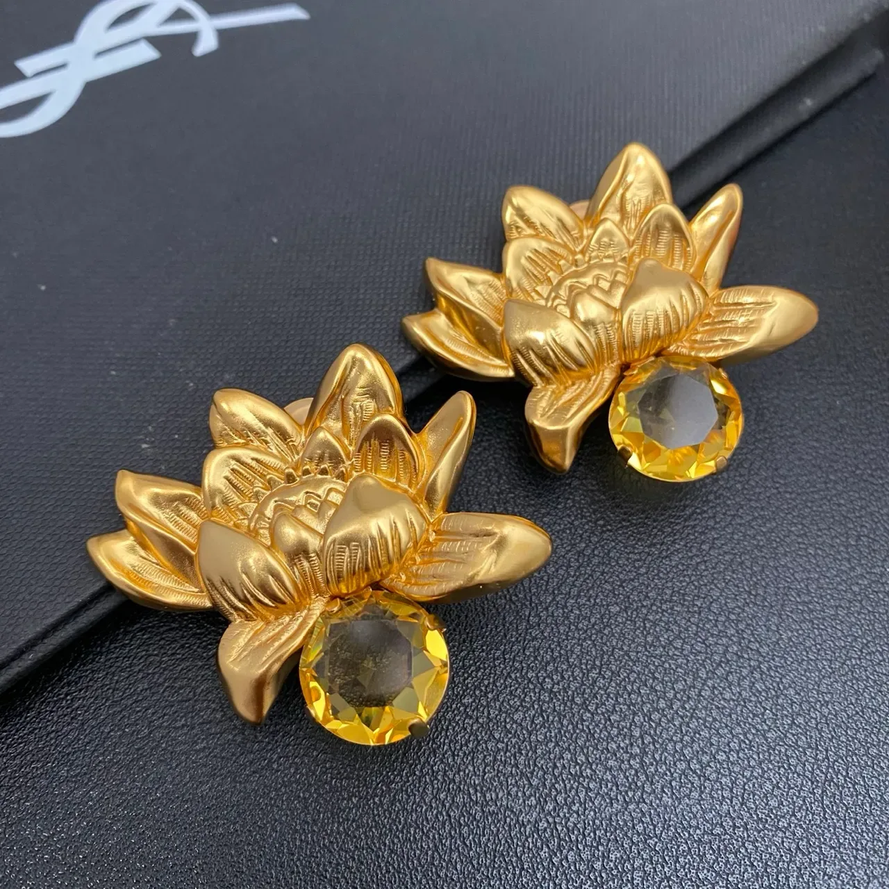 Gold Yellow Lotus Flower Motif Metal Earrings 5