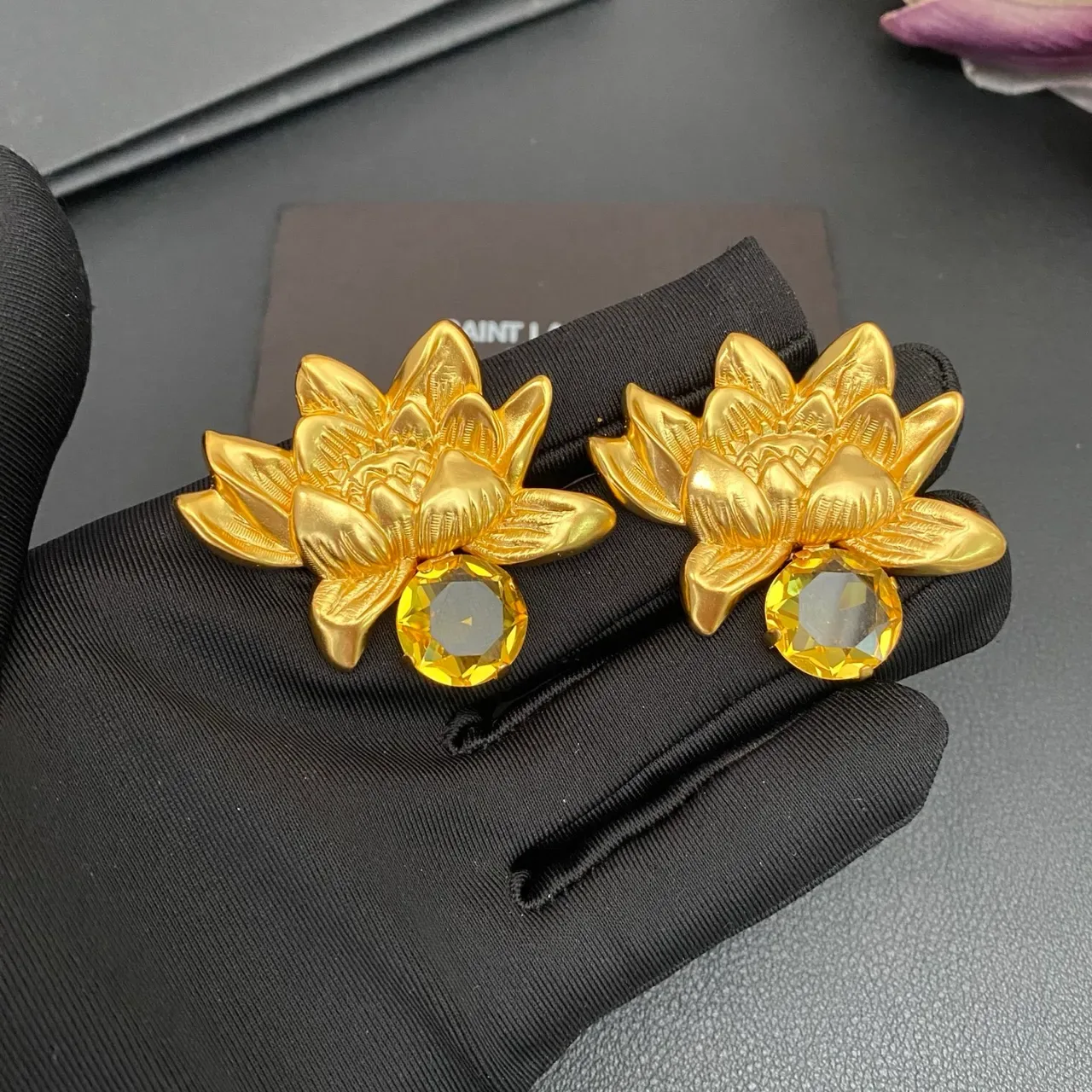 Gold Yellow Lotus Flower Motif Metal Earrings 6