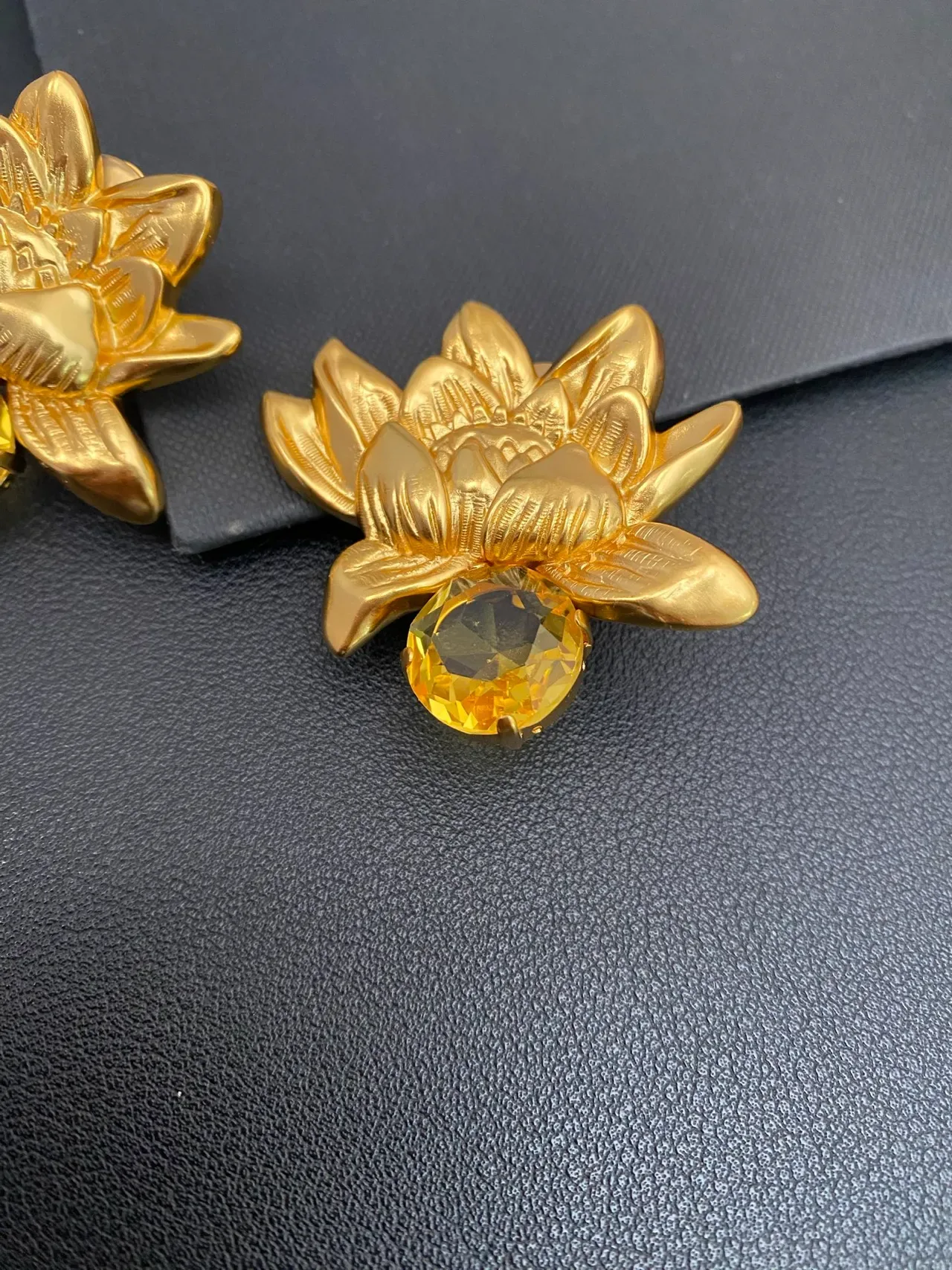 Gold Yellow Lotus Flower Motif Metal Earrings 7