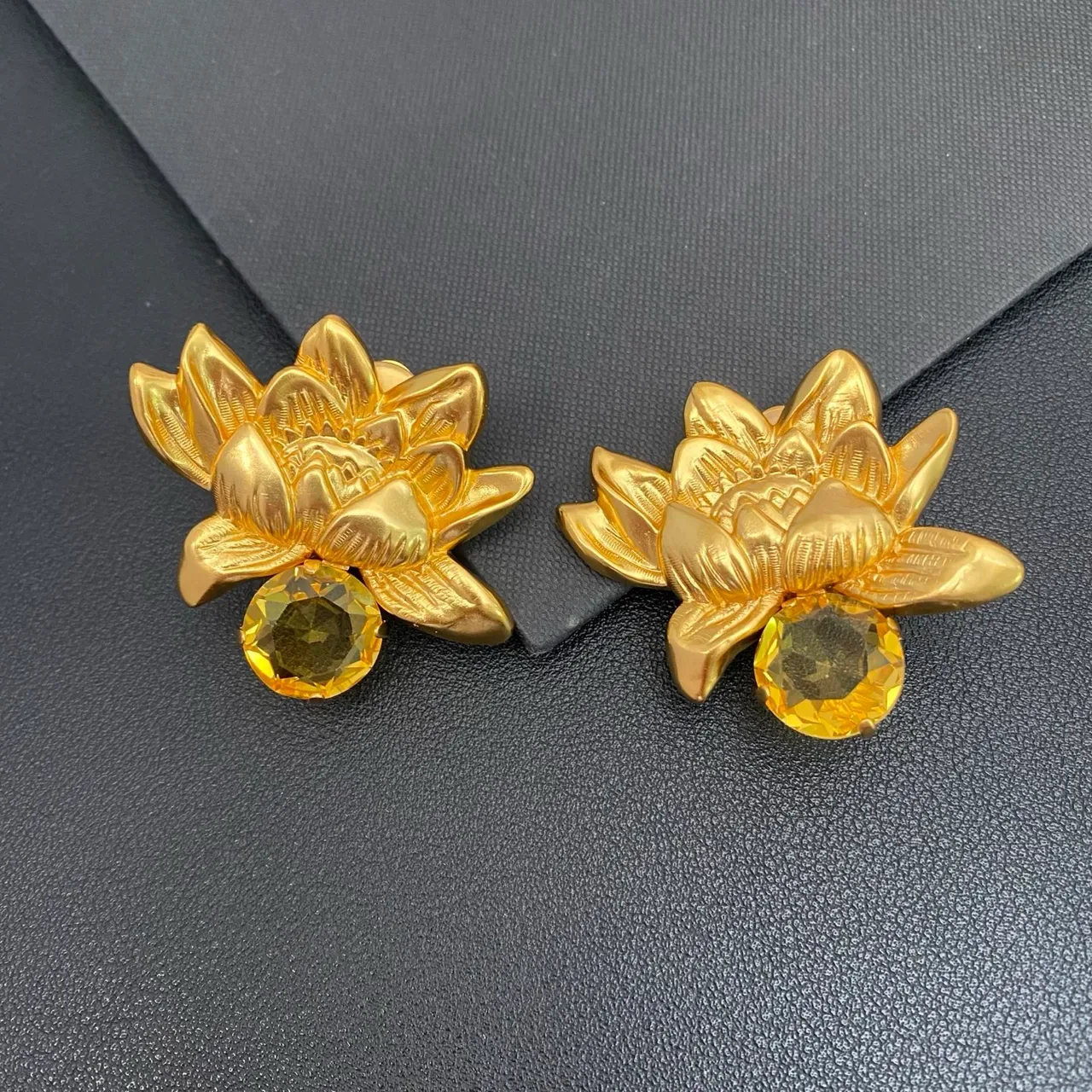 Gold Yellow Lotus Flower Motif Metal Earrings 8