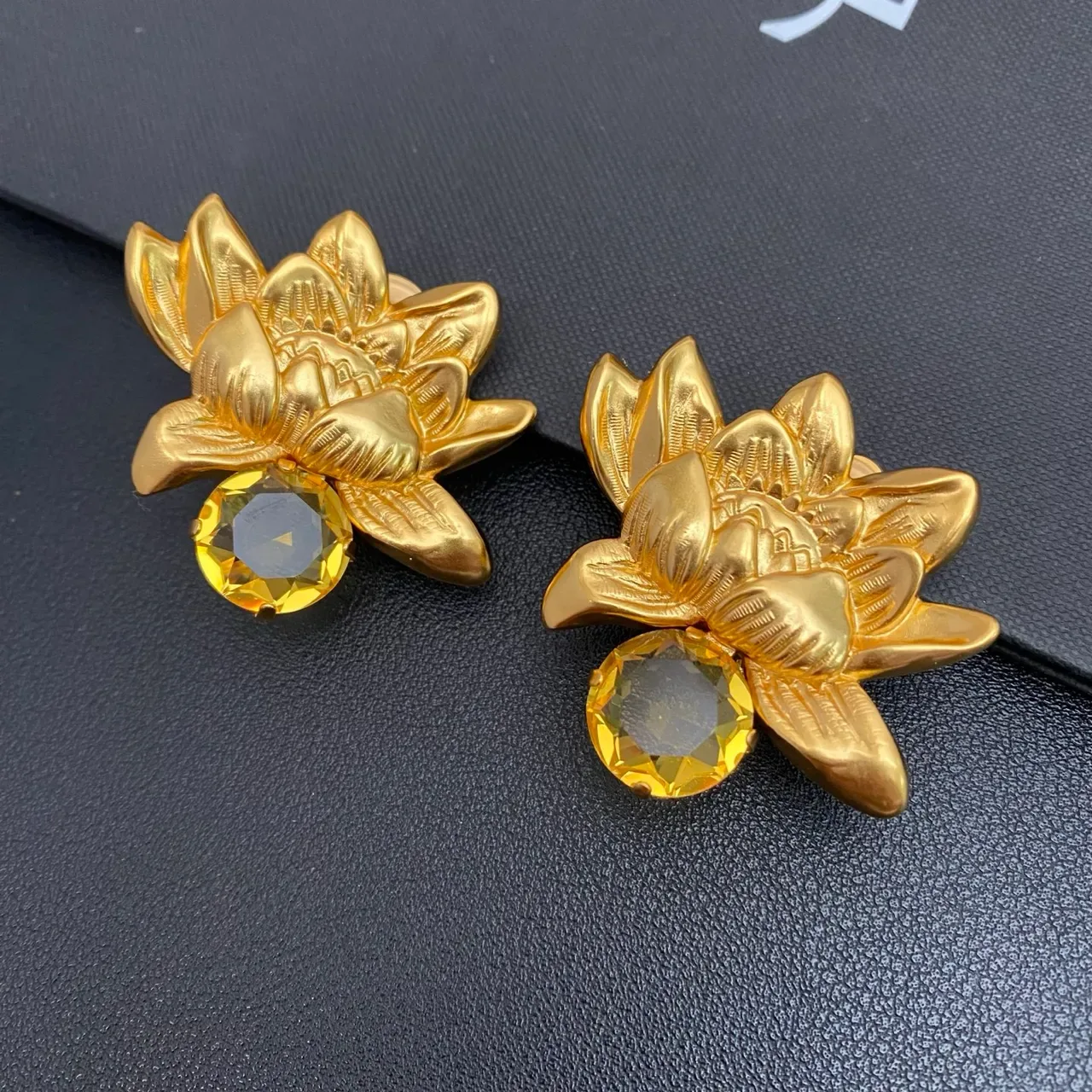 Gold Yellow Lotus Flower Motif Metal Earrings 9