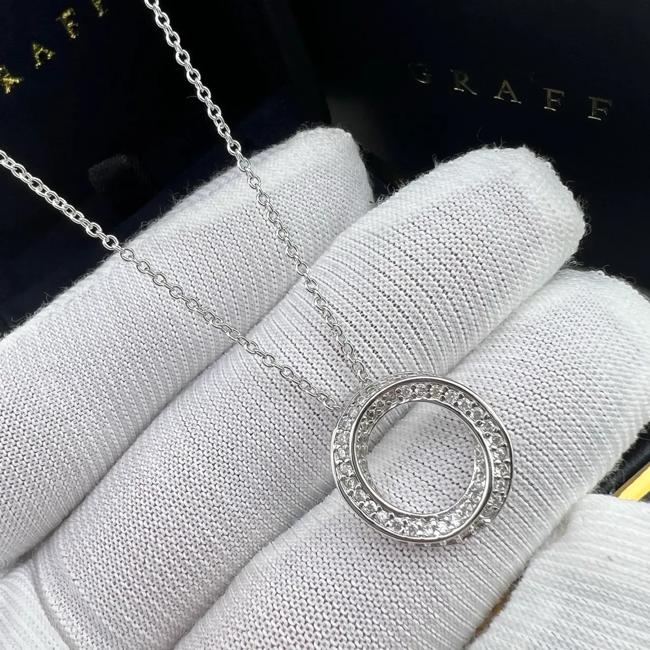Graff Gold Silver Pavé-Set Double-Circle Pendant Two-Tone Chains Necklace 4