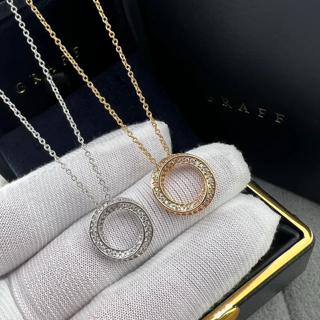 Graff Gold Silver Pavé-Set Double-Circle Pendant Two-Tone Chains Necklace 5