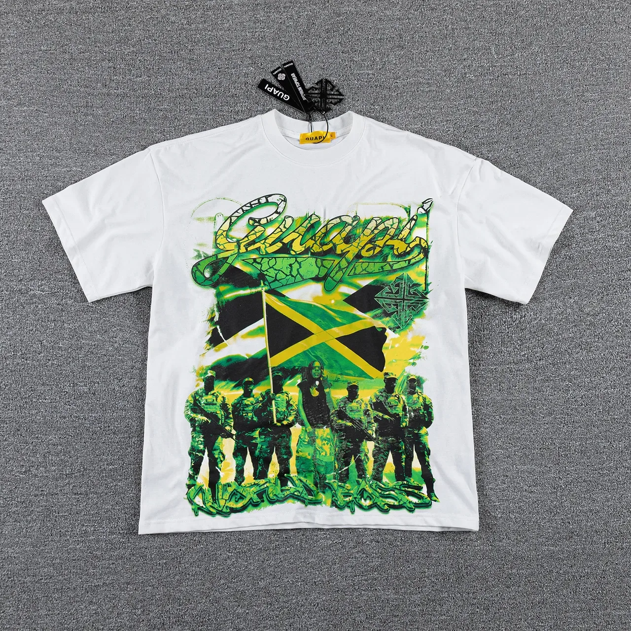 Graphic Print Cracked Texture Jamaican Flag Military Motif T-Shirt 4