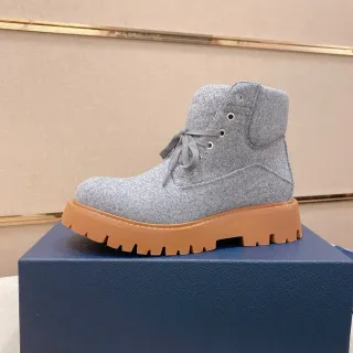 Gray Beige Wool-Felt Upper Chunky Lug Sole Boots