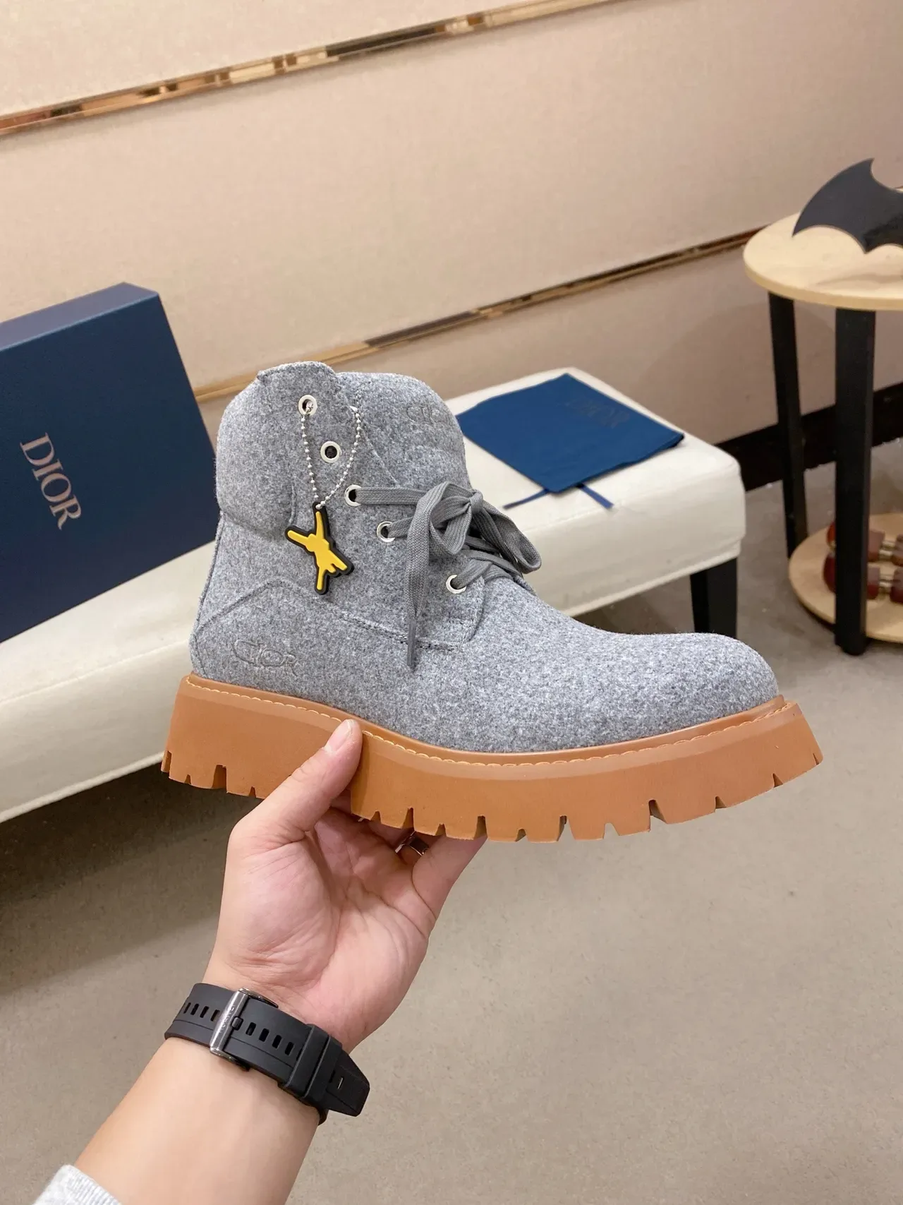 Gray Beige Wool-Felt Upper Chunky Lug Sole Boots 5