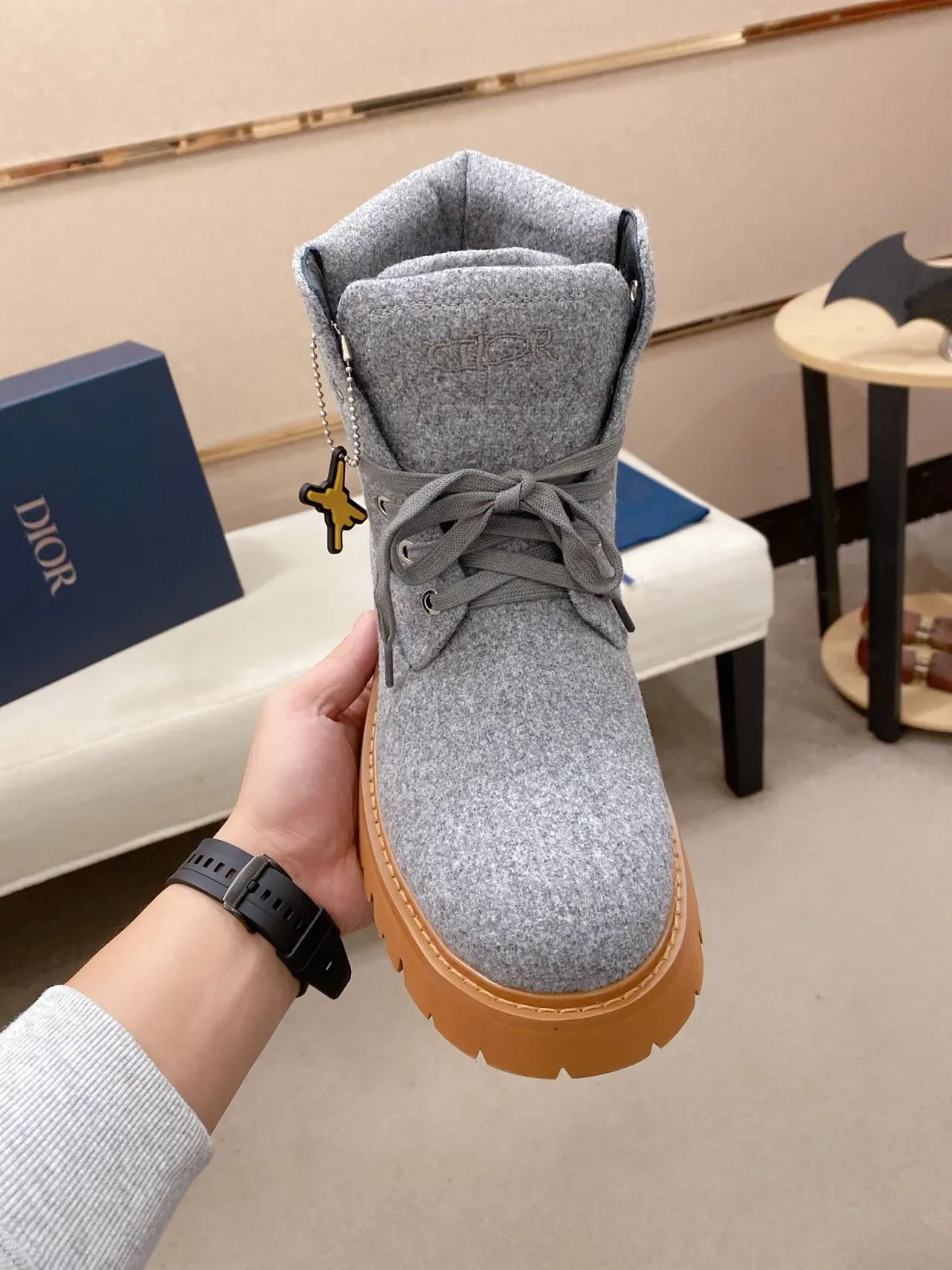 Gray Beige Wool-Felt Upper Chunky Lug Sole Boots 6