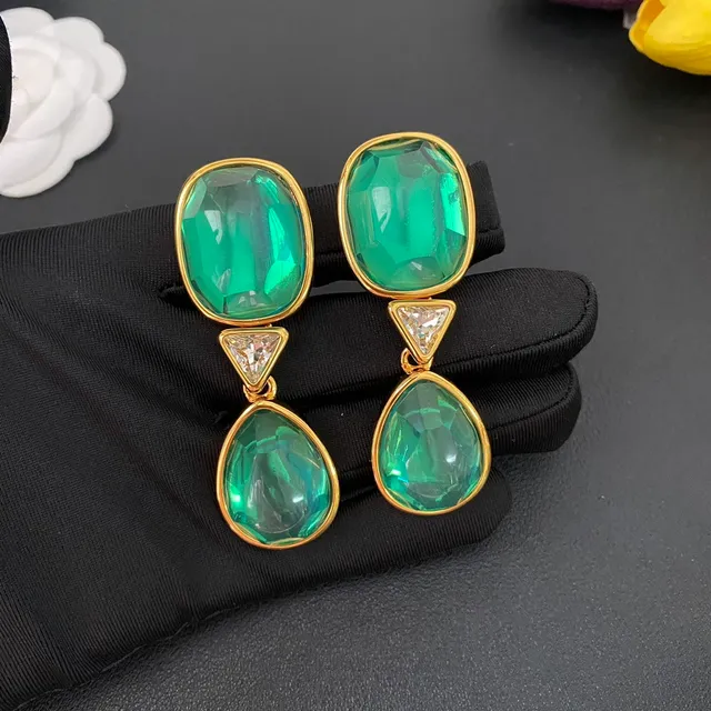 Green Faceted Stone Three-Stone Drop Earrings 4