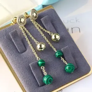 Green Gold Chain Drop Malachite Bead Dangle Earrings
