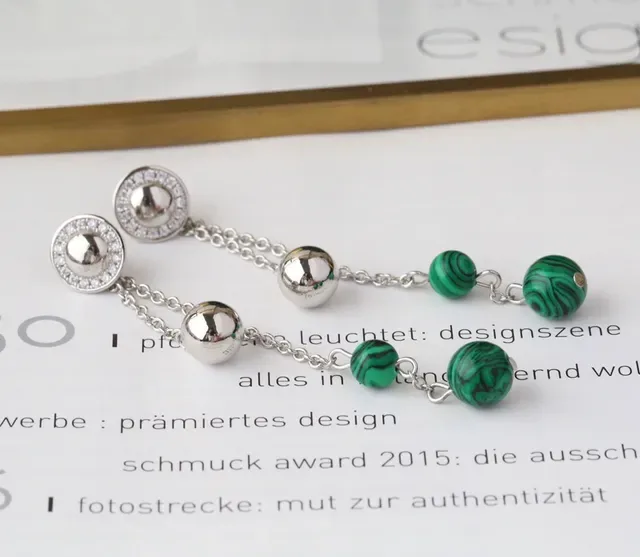 Green Gold Chain Drop Malachite Bead Dangle Earrings 2