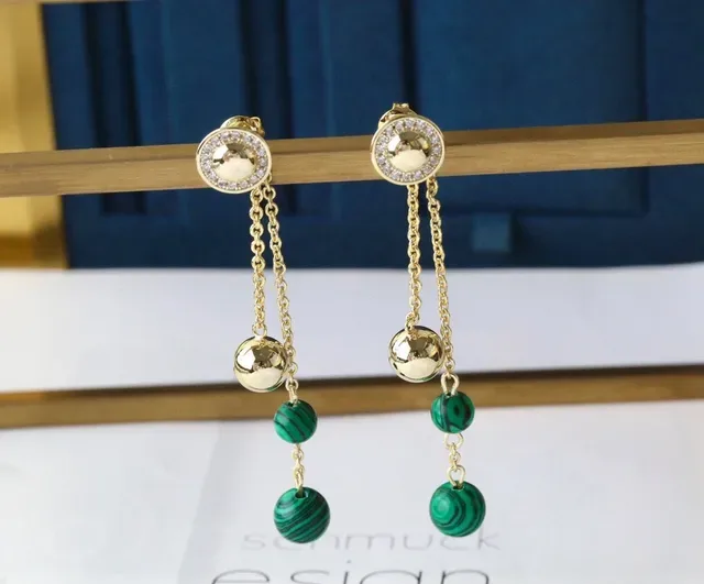 Green Gold Chain Drop Malachite Bead Dangle Earrings 3