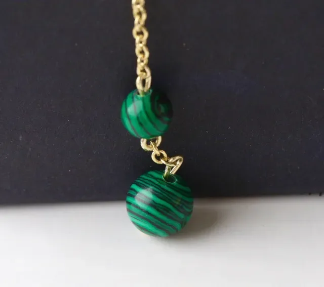 Green Gold Chain Drop Malachite Bead Dangle Earrings 4