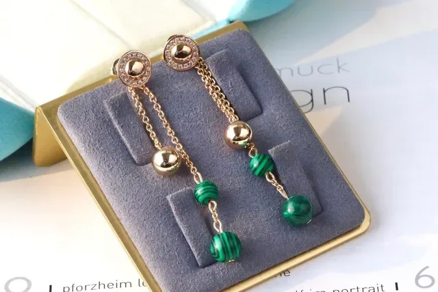 Green Gold Chain Drop Malachite Bead Dangle Earrings 7