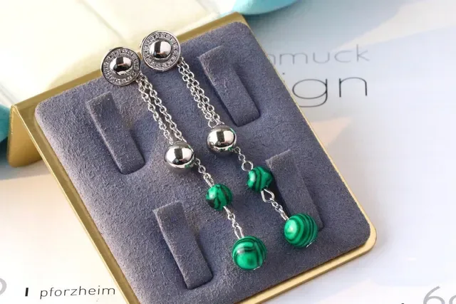 Green Gold Chain Drop Malachite Bead Dangle Earrings 8