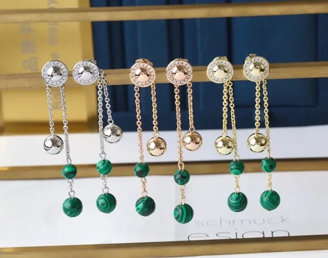 Green Gold Chain Drop Malachite Bead Dangle Earrings 9