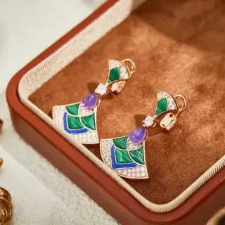 Green Purple Fan-Shaped Enamel-Inlaid Earrings