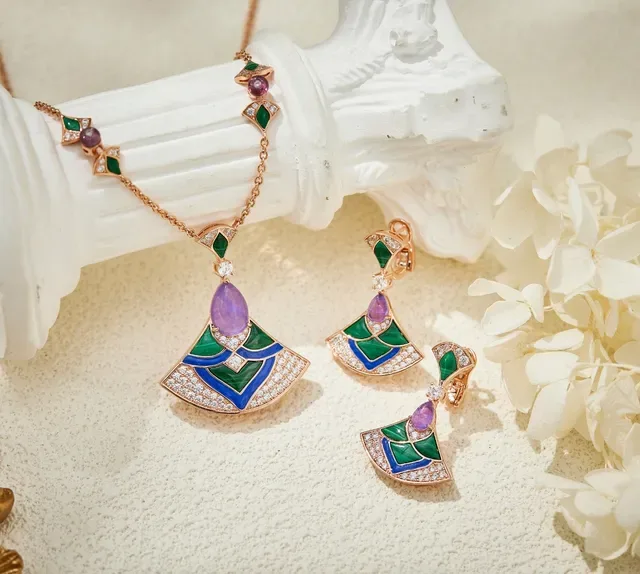 Green Purple Fan-Shaped Enamel-Inlaid Earrings 5