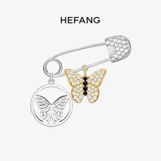 HEFANG ক্রিস্টাল বাটারফ্লাই ডুয়াল-চার্ম সেফটি-পিন ব্রোচ