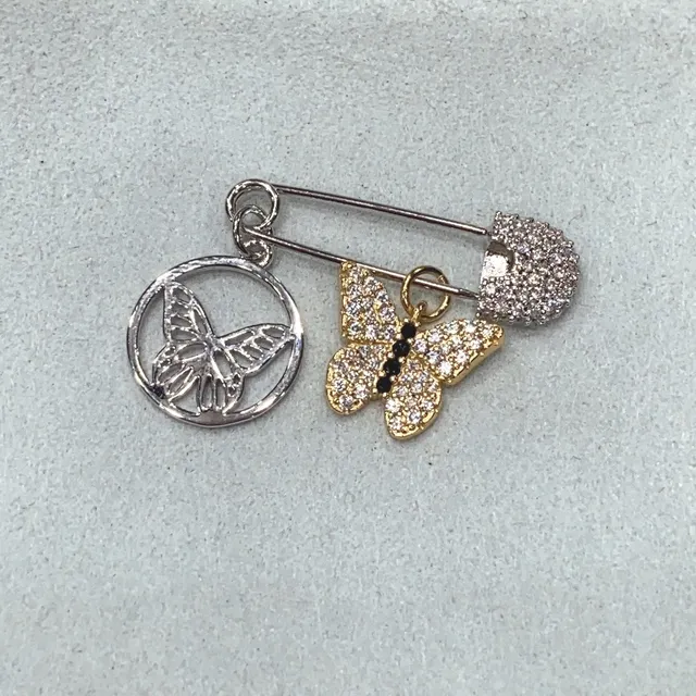 HEFANG Crystal Butterfly Dual-Charm Safety-Pin Brooch 2