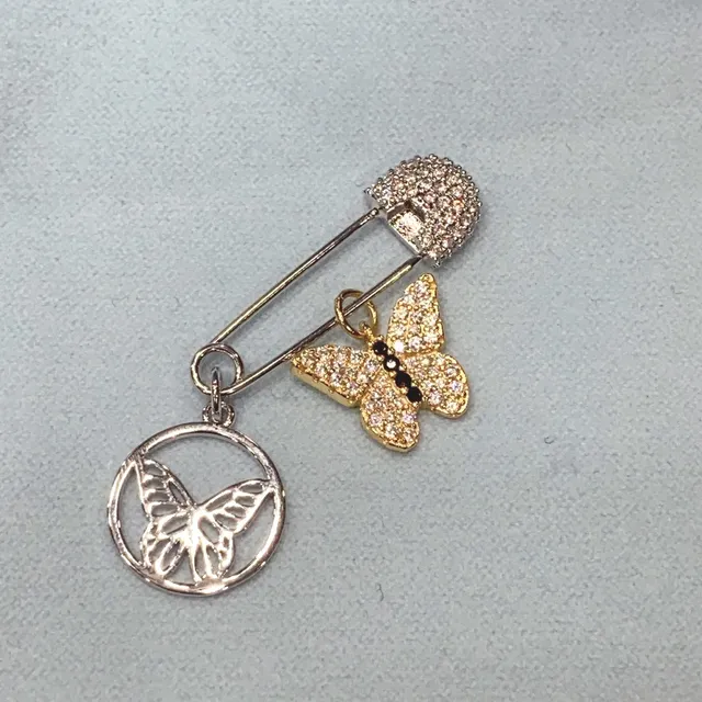 HEFANG Crystal Butterfly Dual-Charm Safety-Pin Brooch 4