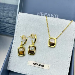 HEFANG Gold Brown Rectangular Cabochon Earrings