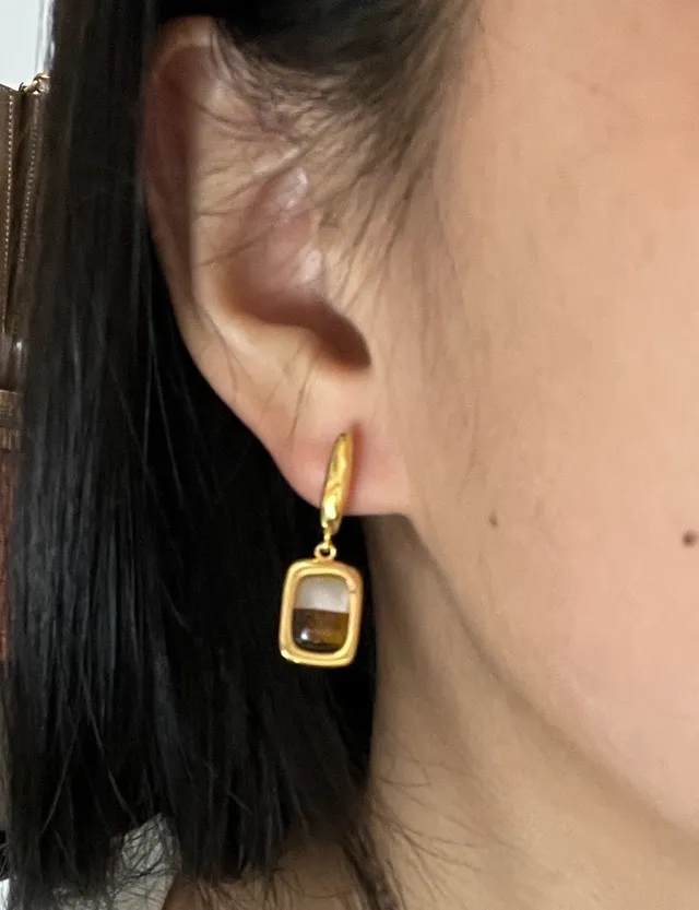 HEFANG Gold Brown Rectangular Cabochon Earrings 2