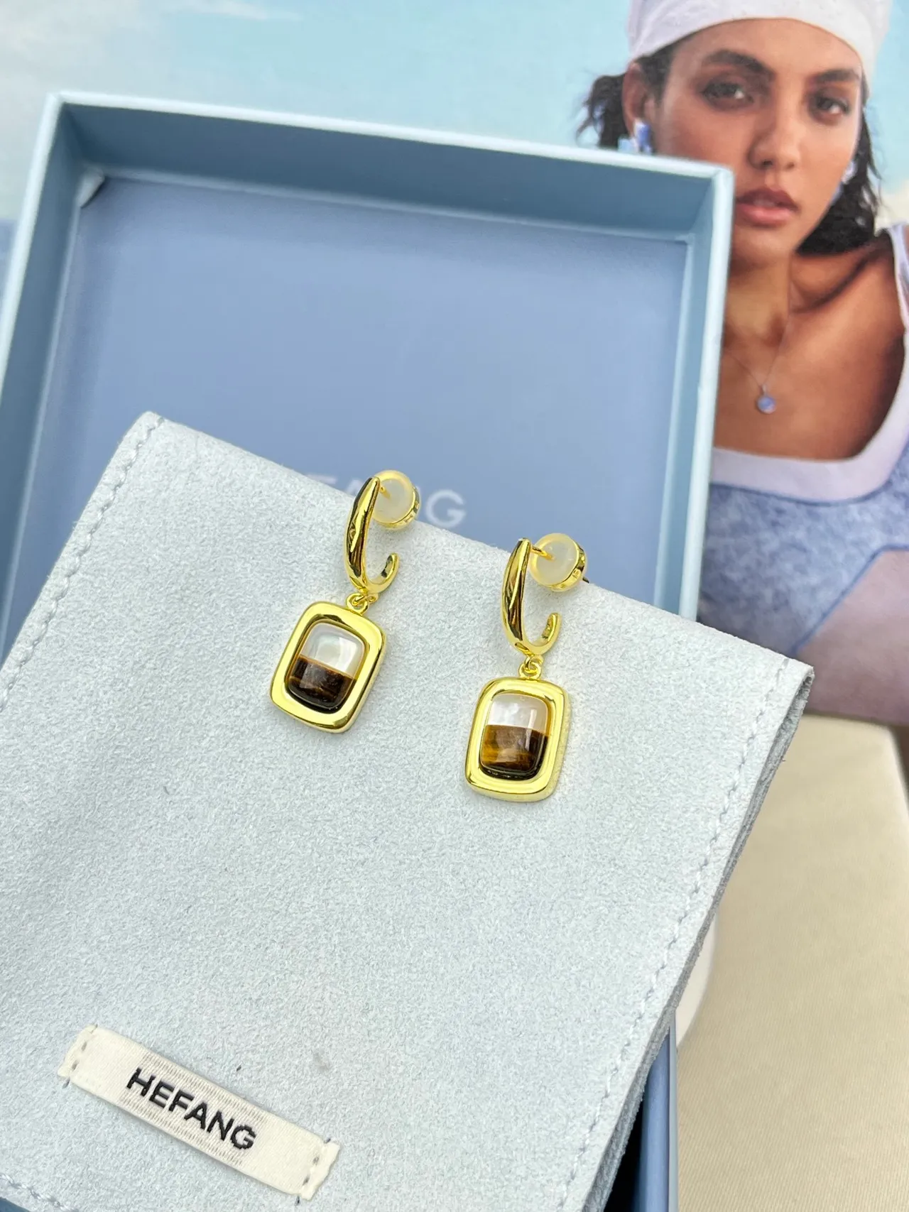 HEFANG Gold Brown Rectangular Cabochon Earrings 5