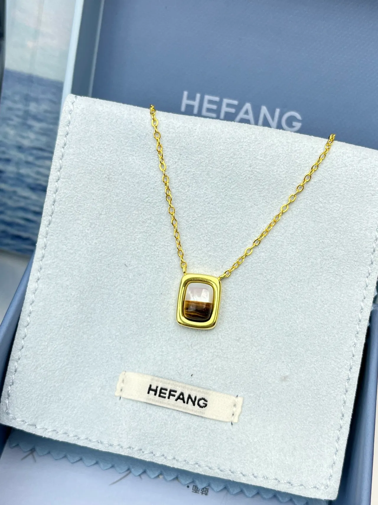 HEFANG Gold Brown Rectangular Cabochon Earrings 9