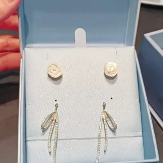 HEFANG Silver Gold Rose-Shaped Studs Pavé Crystal Tassels Earrings