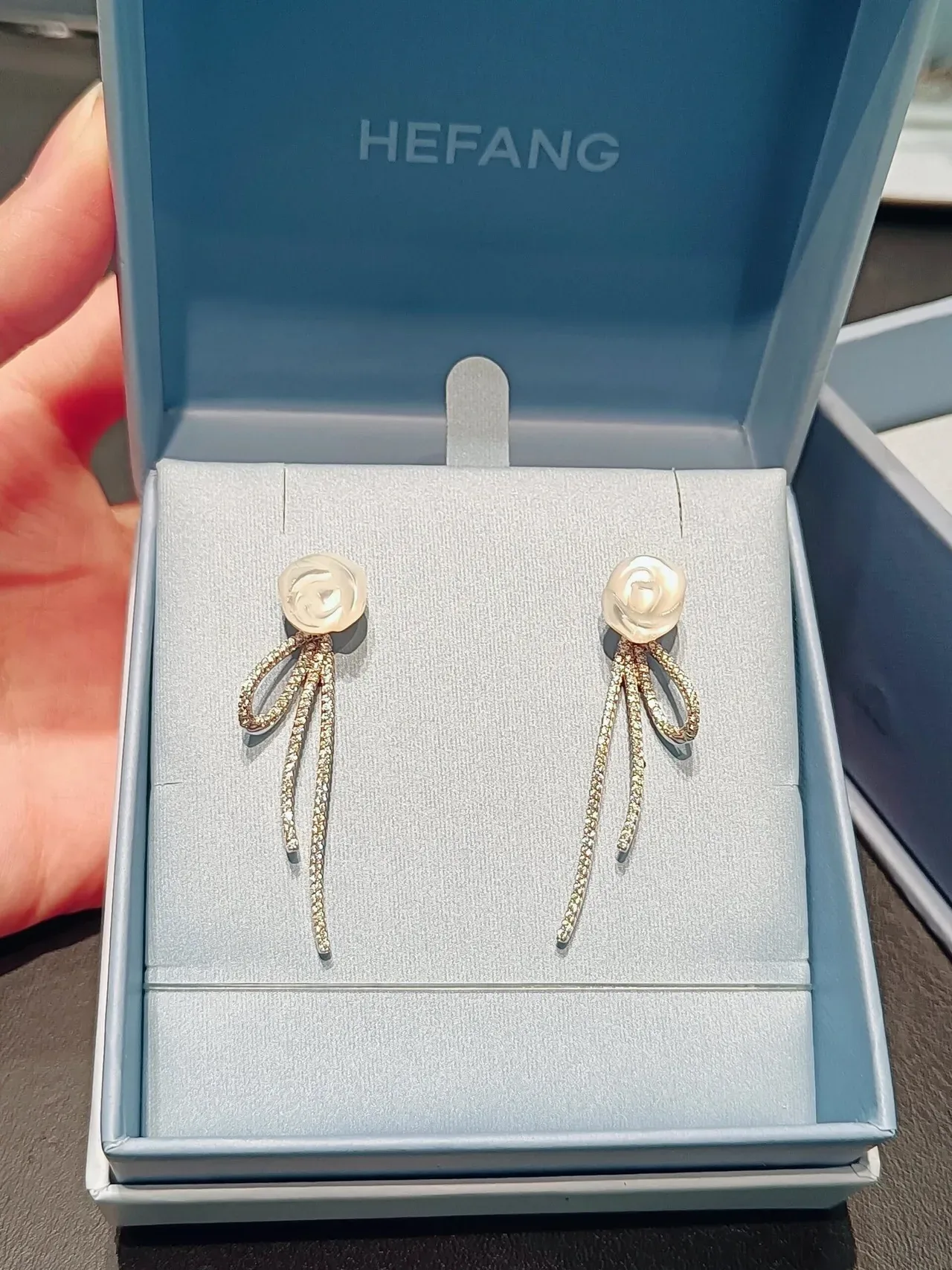 HEFANG Silver Gold Rose-Shaped Studs Pavé Crystal Tassels Earrings 6