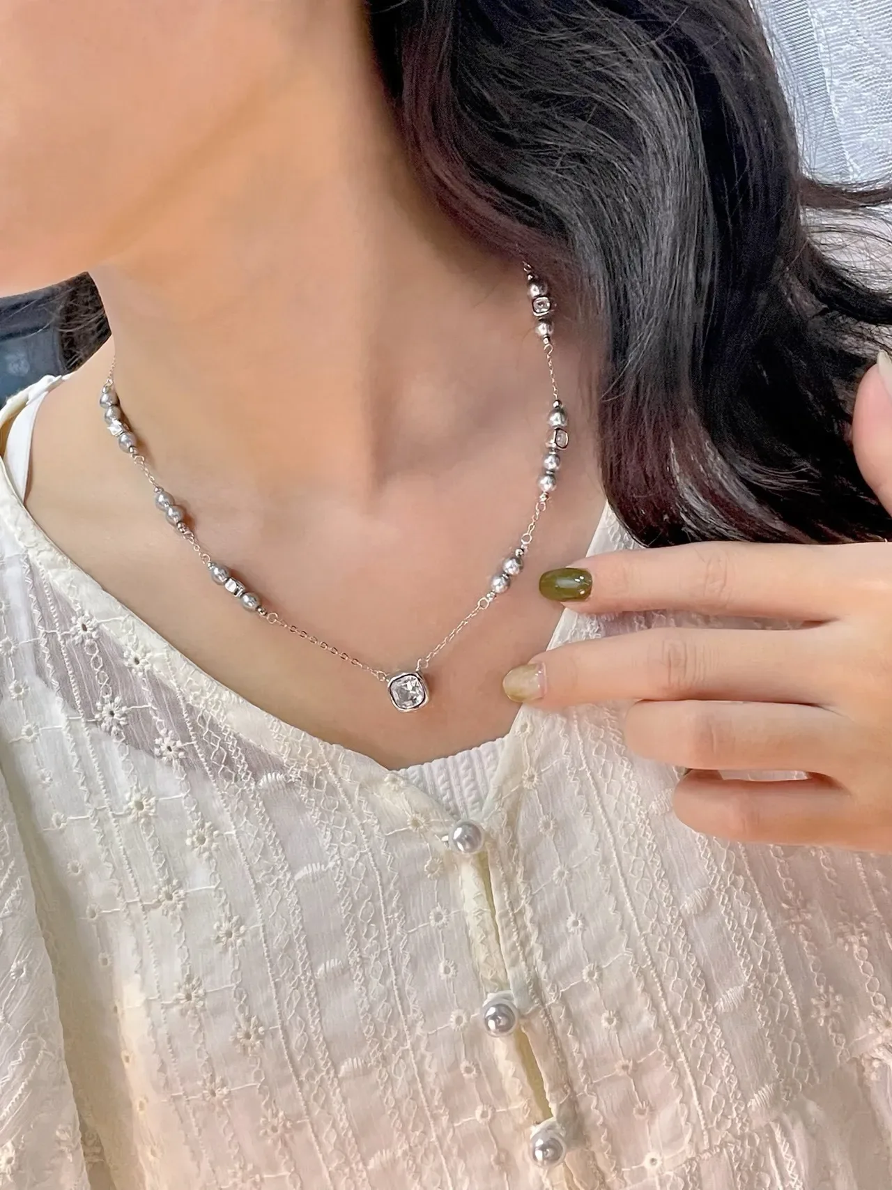 HEFANG Silver Gray Chain Square Cushion-Cut Crystal Pendant Necklace 2