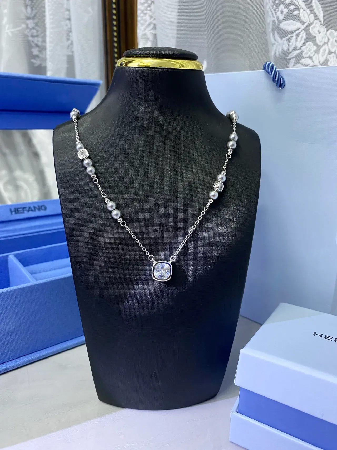 HEFANG Silver Gray Chain Square Cushion-Cut Crystal Pendant Necklace 3