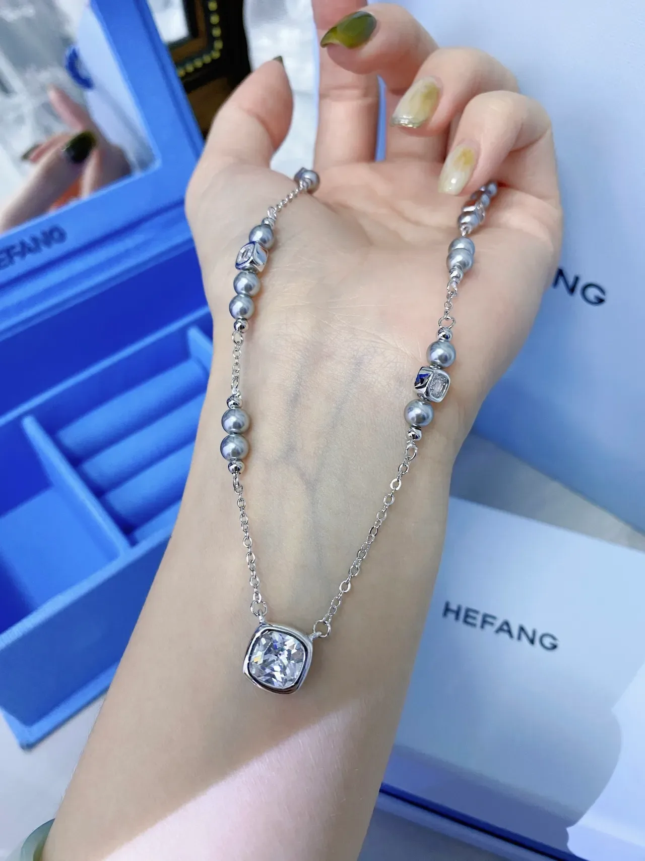 HEFANG Silver Gray Chain Square Cushion-Cut Crystal Pendant Necklace 6
