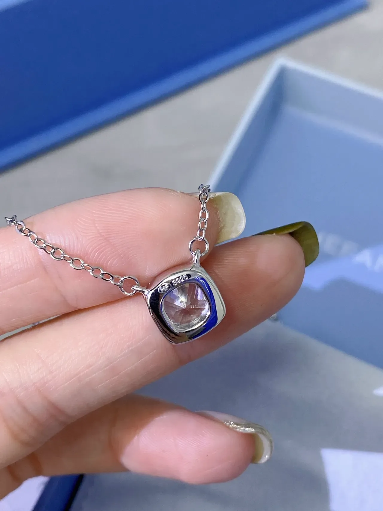 HEFANG Silver Gray Chain Square Cushion-Cut Crystal Pendant Necklace 7