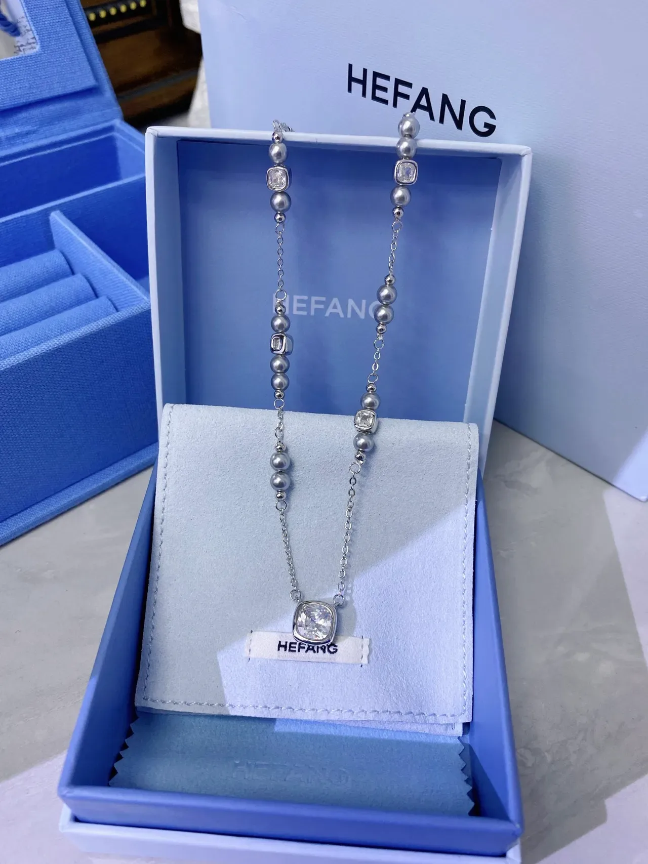 HEFANG Silver Gray Chain Square Cushion-Cut Crystal Pendant Necklace 8