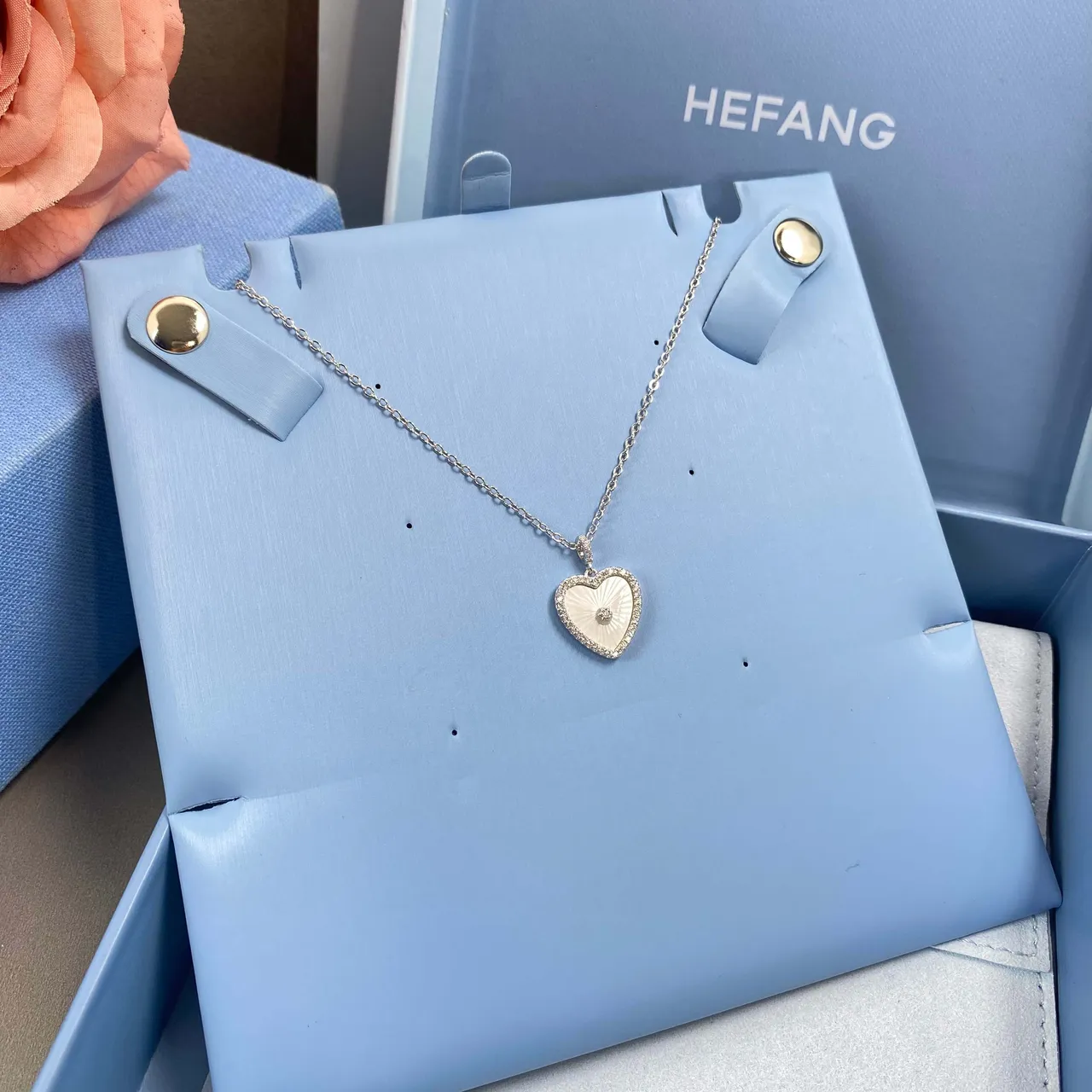 HEFANG Silver White Heart-Shaped Pendant Enamel Center Necklace 4