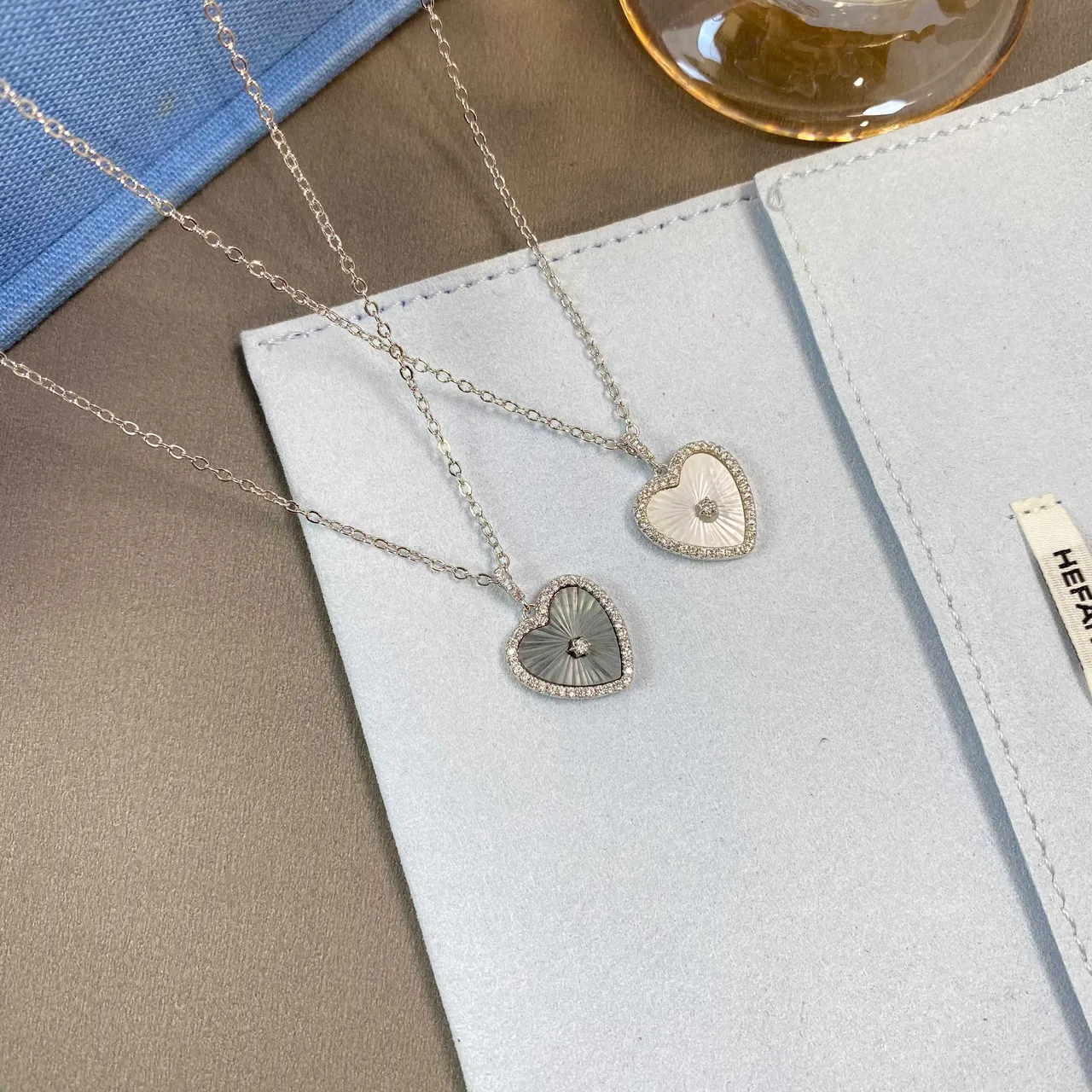 HEFANG Silver White Heart-Shaped Pendant Enamel Center Necklace 5